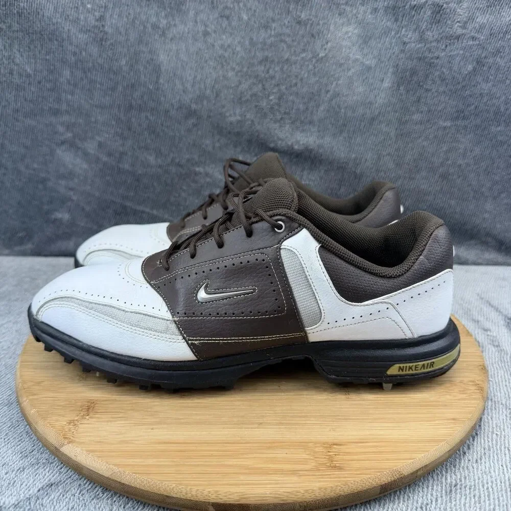 Nike Air Golf Shoes Mens Size 9.5 Brown White Leather Spiked Cleats 336050-102